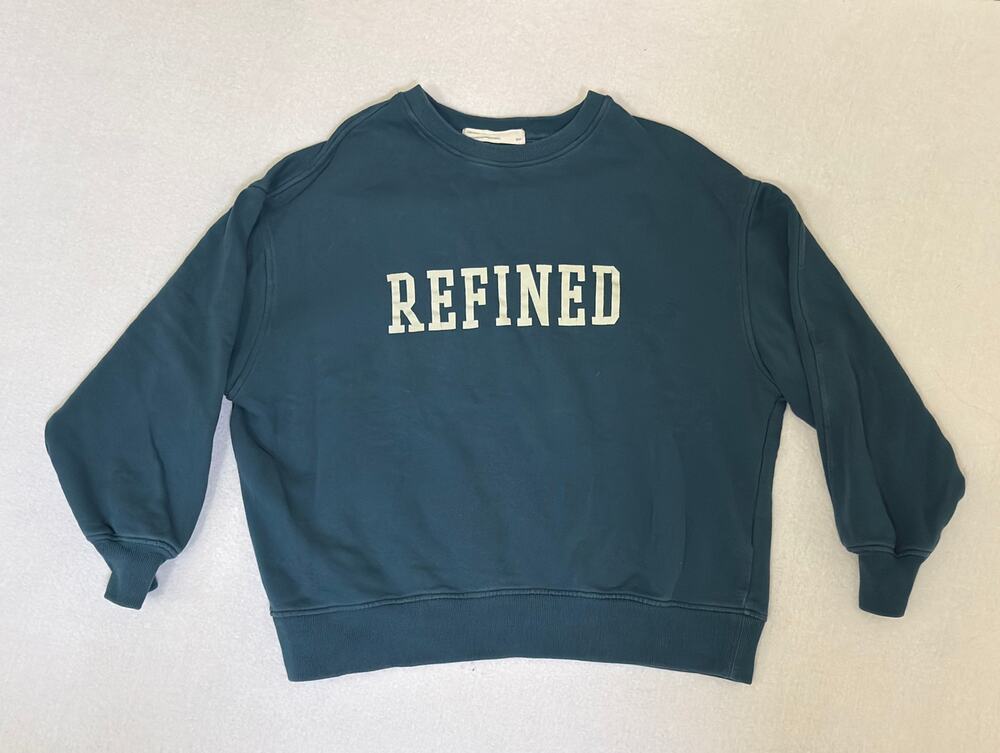 OAK + FORT Womens Sweatshirt XS Teal Blue REFINED Graphic Crewneck Pullover Drop